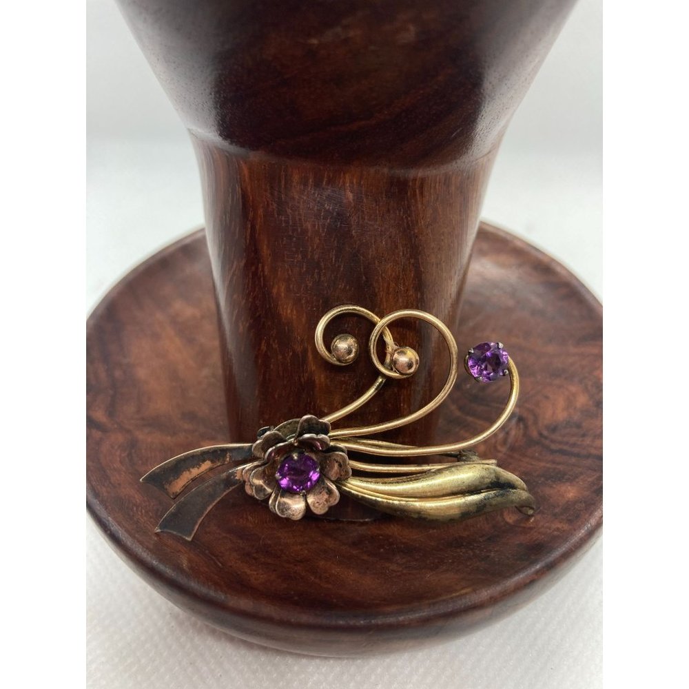 Vintage 1940s Harry Iskin Flower & Purple Glass Brooch Pin 10k Gold Filled